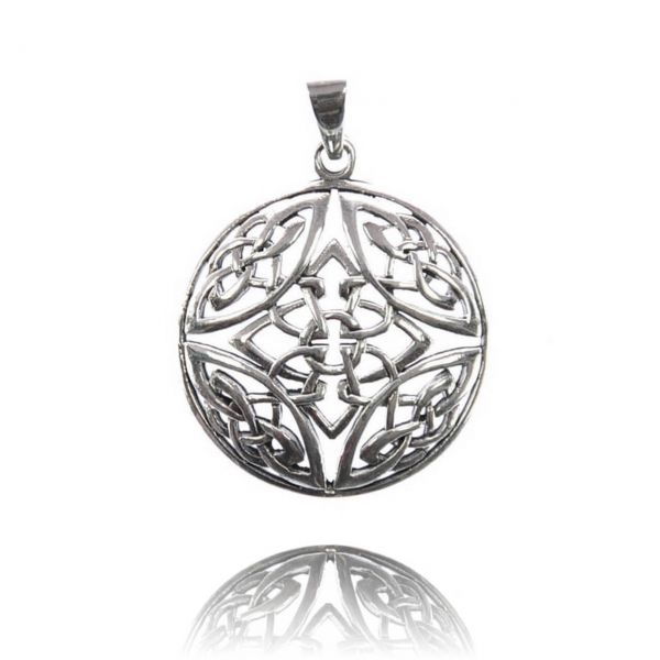 Large round silver pendant with a complex Celtic knot