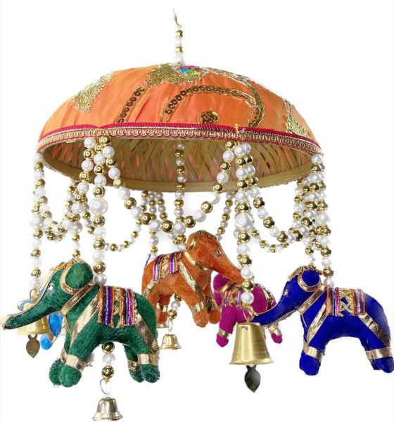 Indian Elephant Umbrella Mobile Decoration 24cm Orange